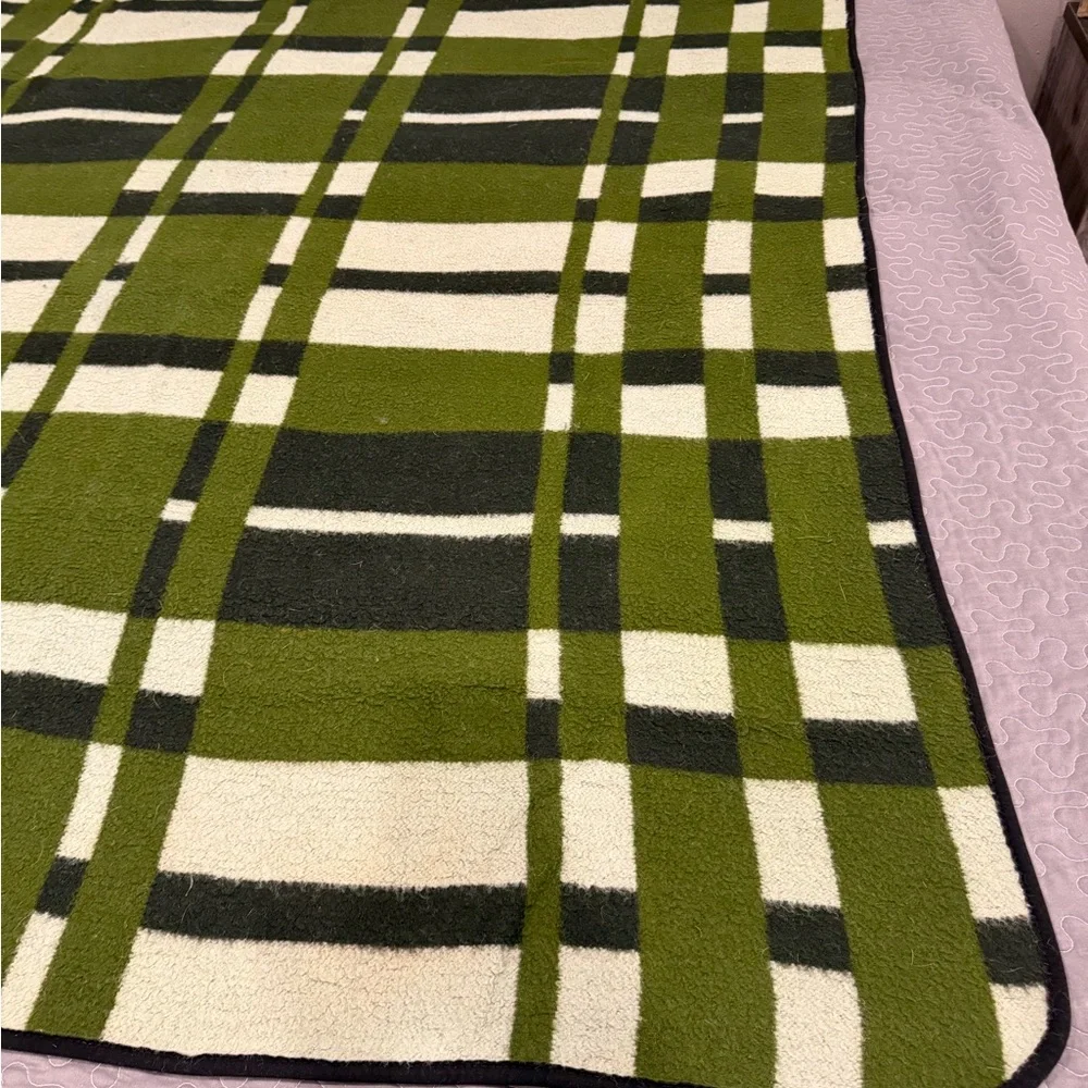 Vintage Green “Tartan” Wool Travel Blanket | Lap Rug | Car Rug | Mid-Century